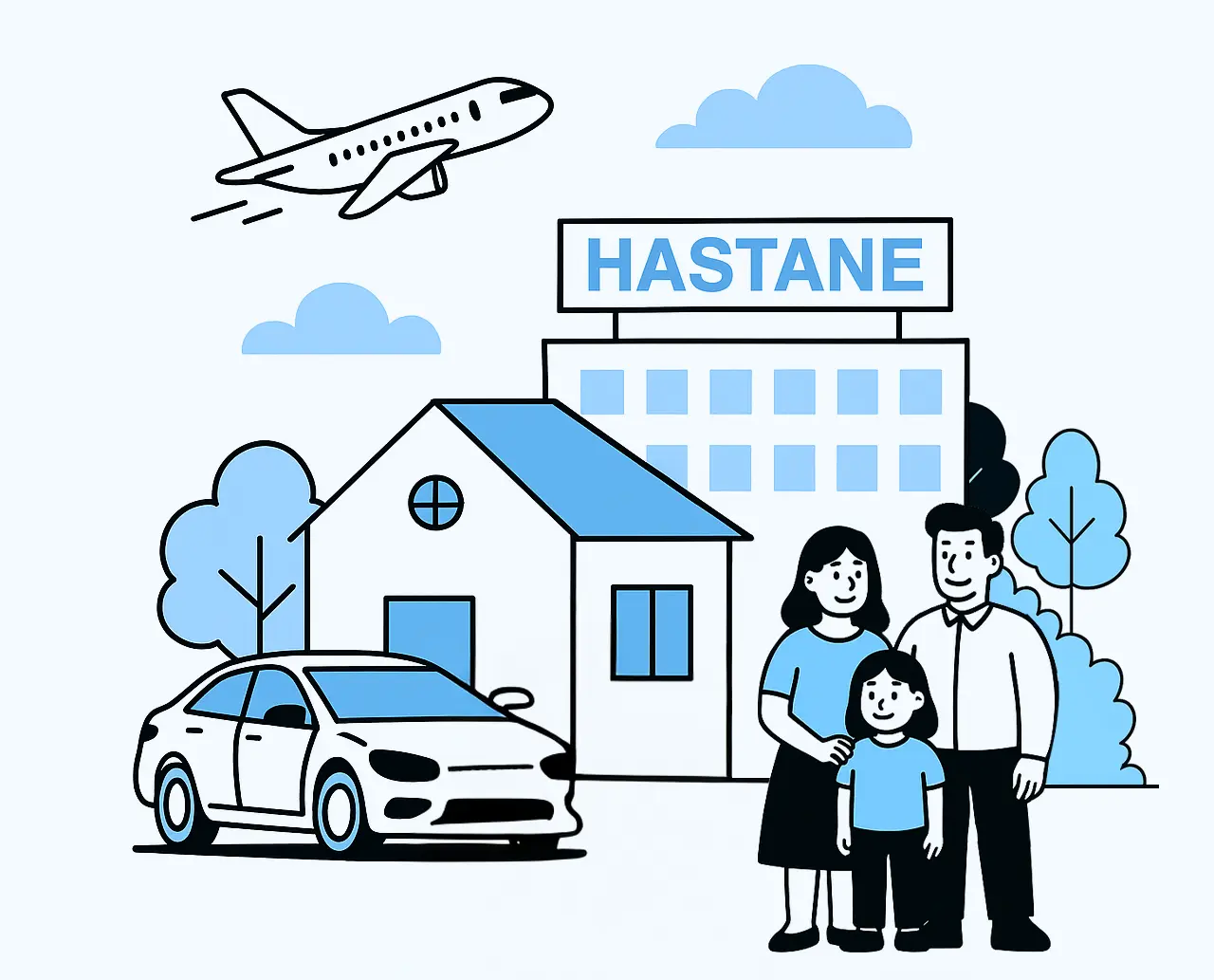 Sigorta hizmetlerini temsil eden aile, ev, araç ve hastane çizimi